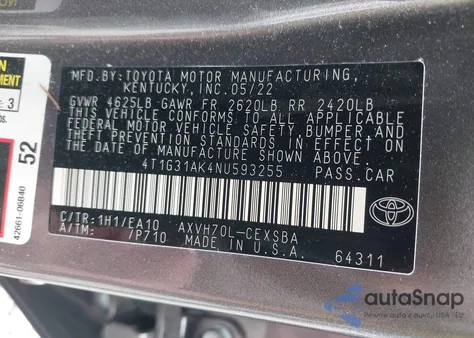 2022 Toyota Camry Se Hybrid from USA, damaged, VIN 4T1G31AK4NU593255